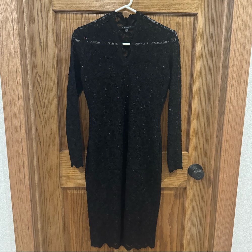 Marina Black Scalloped Mockneck Illusion V-Neck Sequin Lace Long Sleeve Dress. 8
